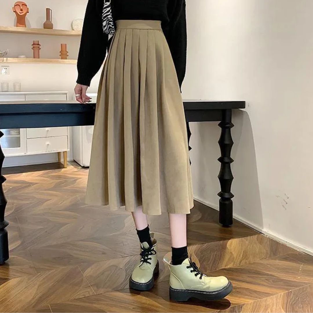 High-Waisted Pleated Midi Skirt for Women in A-Line Style - Versatile Wardrobe Essential 1