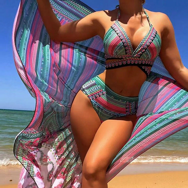 Ibiza Collection | Women's High Waisted Bikini Set with Triangle Halter Top | Vibrant Ethnic Print for Beach Confidence