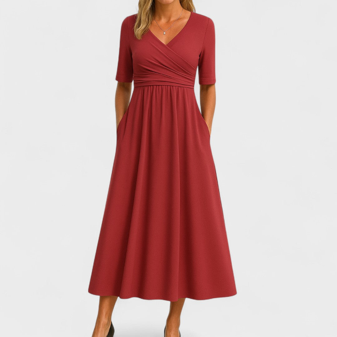 Ida Collection | Elegant Midi Dress with Sleeves & Side Pockets | Stylish Comfort for Everyday Wear