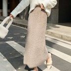 Khaki Fluff High-Waisted Midi Skirt for Women | Luxurious and Versatile Style 0