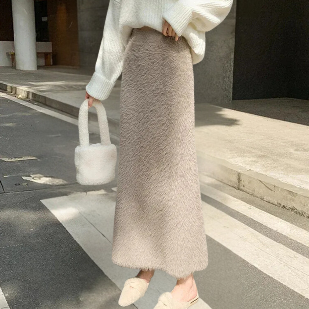 Khaki Fluff High-Waisted Midi Skirt for Women | Luxurious and Versatile Style 1