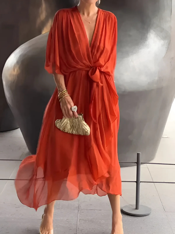Lori™ | Women's Wrap Midi Dress with Adjustable Waist Tie | Effortless Elegance for Any Occasion