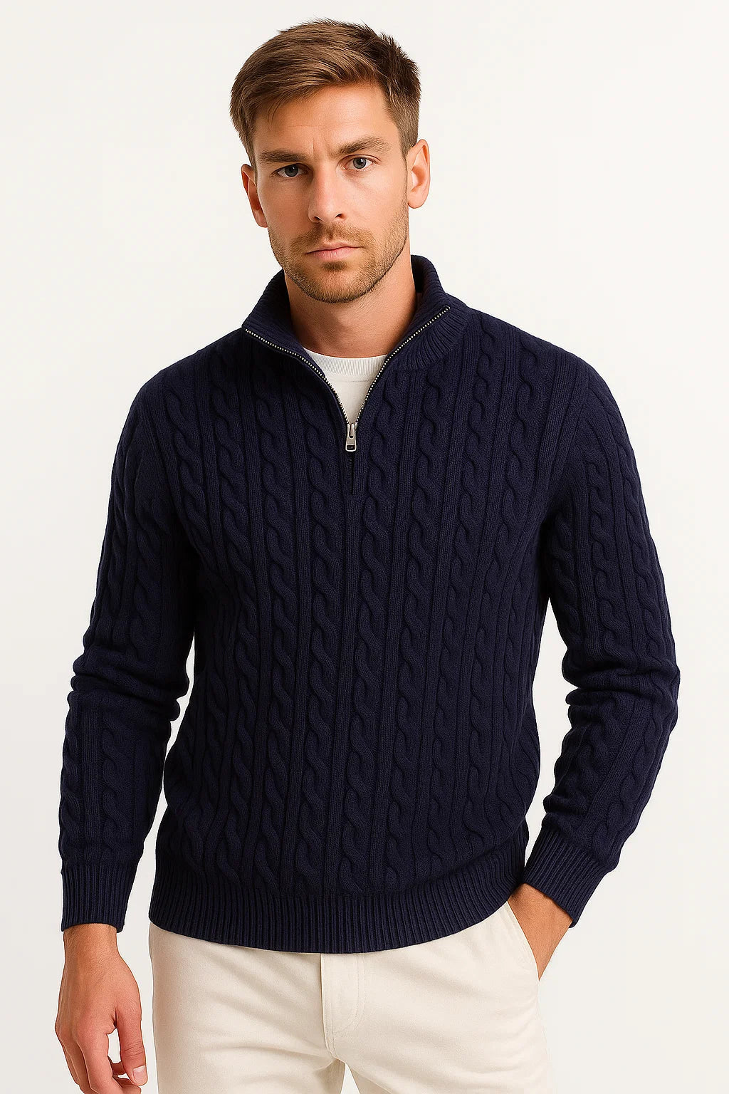 Men's Knitted Quarter Zip Sweater with Stand-Up Collar in Multiple Colors 0