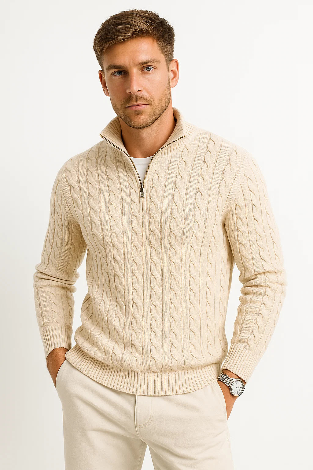 Men's Knitted Quarter Zip Sweater with Stand-Up Collar in Multiple Colors 1