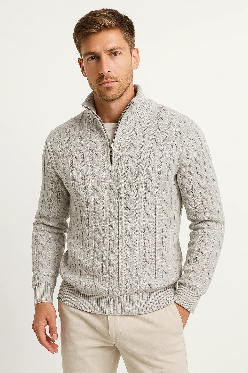 Men's Knitted Quarter Zip Sweater with Stand-Up Collar in Multiple Colors 3