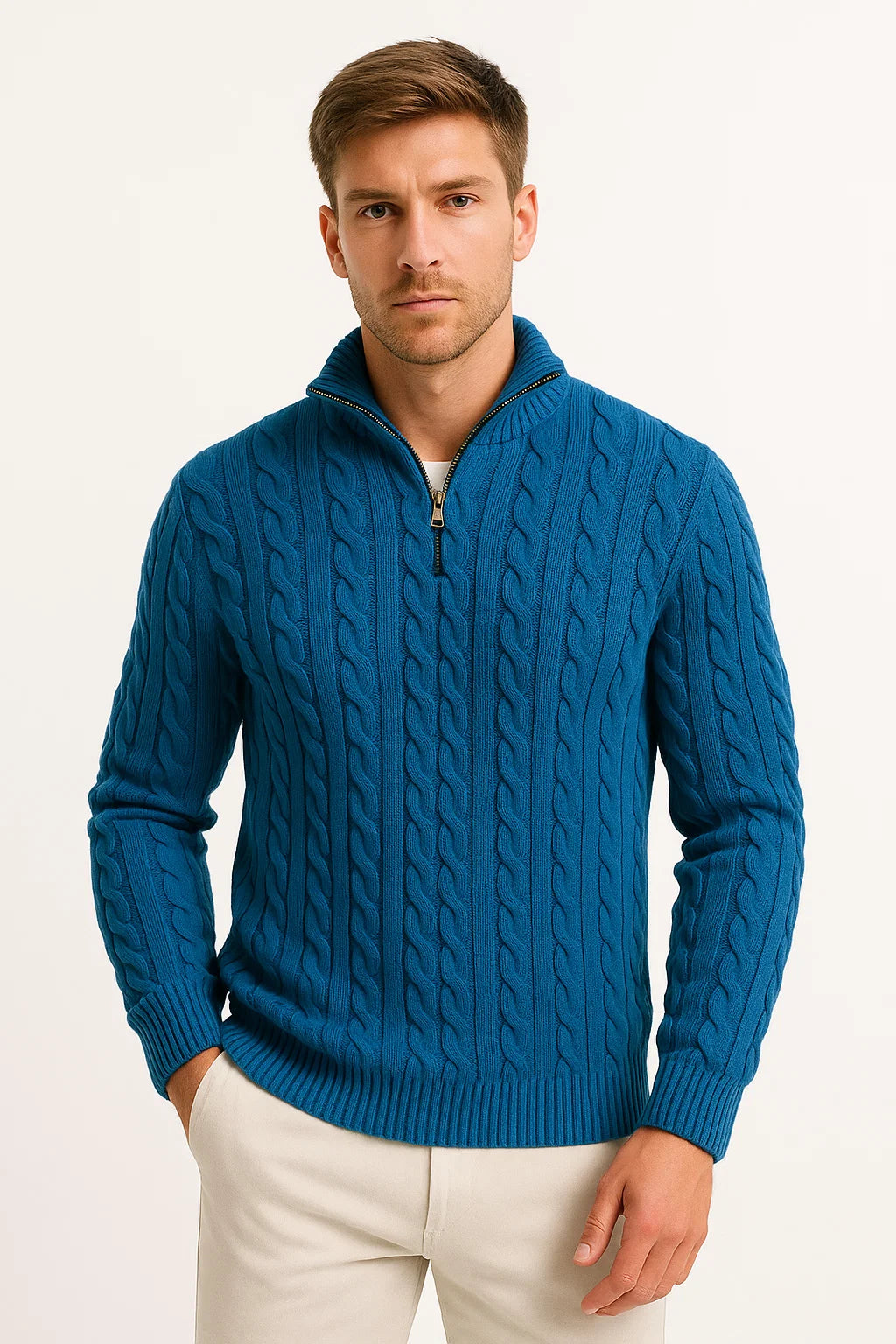 Men's Knitted Quarter Zip Sweater with Stand-Up Collar in Multiple Colors 4
