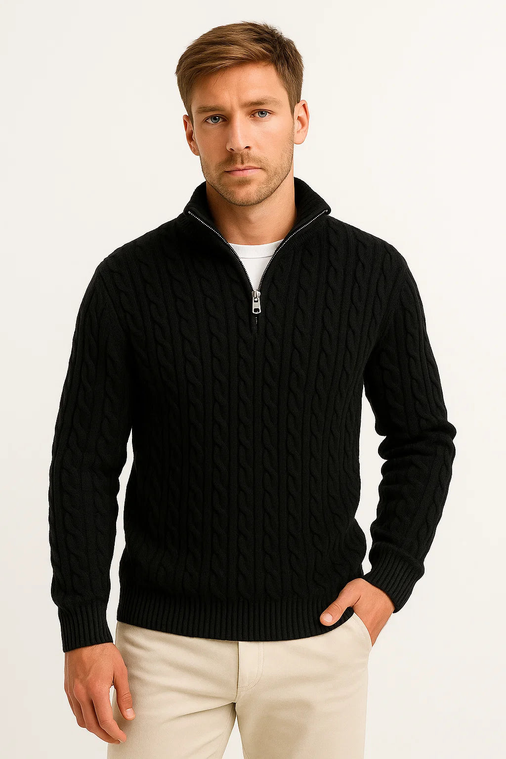 Men's Knitted Quarter Zip Sweater with Stand-Up Collar in Multiple Colors 5