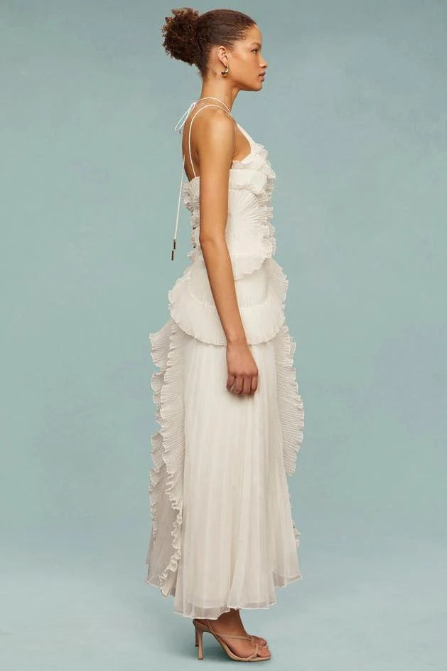 Ocean Whirl | Floral Maxi Dress with Tie-Back Neckline & Ruffled Details | Flattering Silhouette for Elegant Occasions