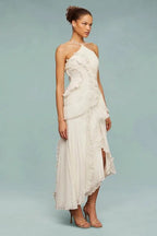 Ocean Whirl | Floral Maxi Dress with Tie-Back Neckline & Ruffled Details | Flattering Silhouette for Elegant Occasions