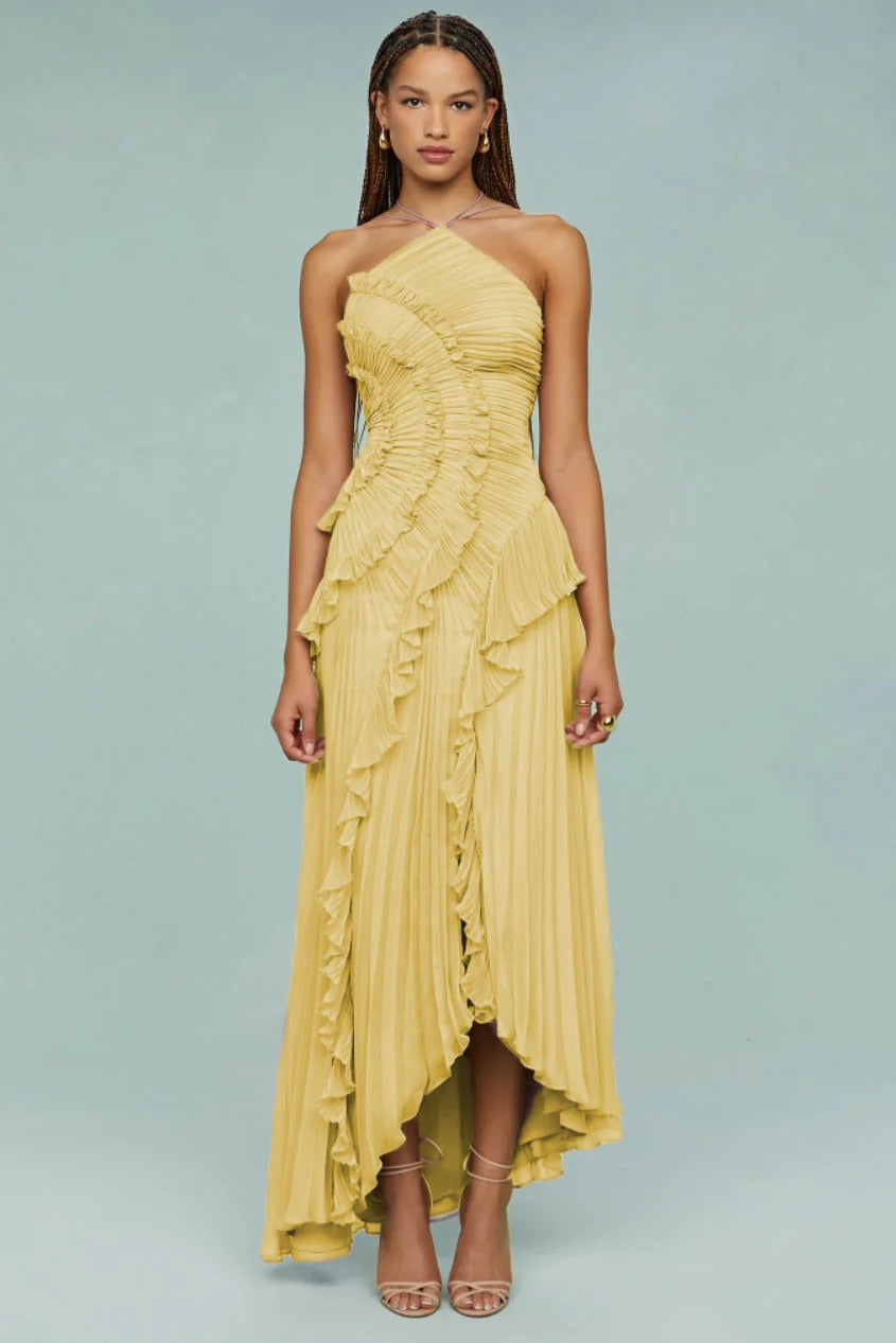 Ocean Whirl | Floral Maxi Dress with Tie-Back Neckline & Ruffled Details | Flattering Silhouette for Elegant Occasions