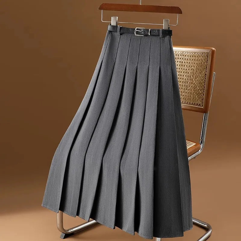 Pleated High-Waisted Black Midi Skirt with Belt for Women - A-Line Elegance 0