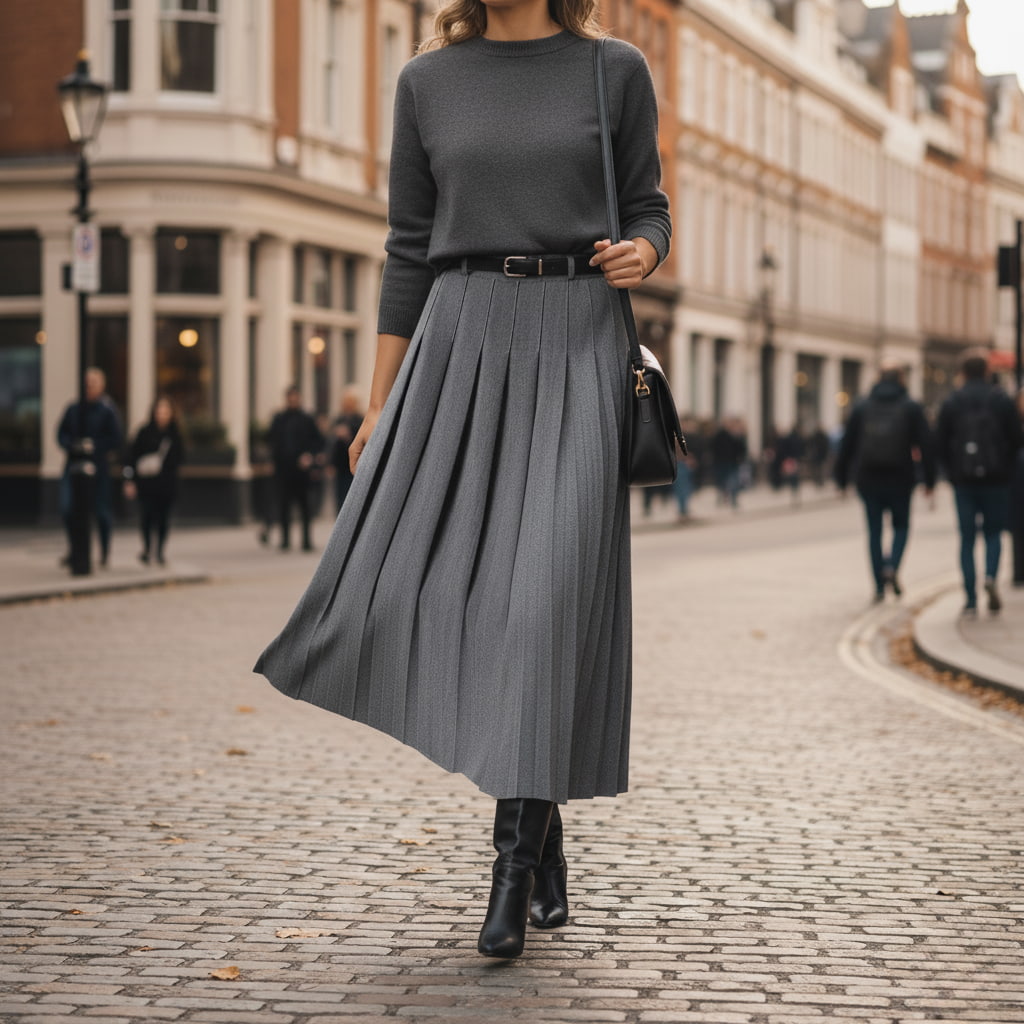 Pleated High-Waisted Black Midi Skirt with Belt for Women - A-Line Elegance 1