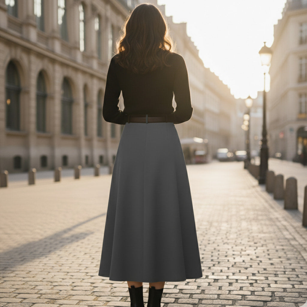Pleated High-Waisted Black Midi Skirt with Belt for Women - A-Line Elegance 2