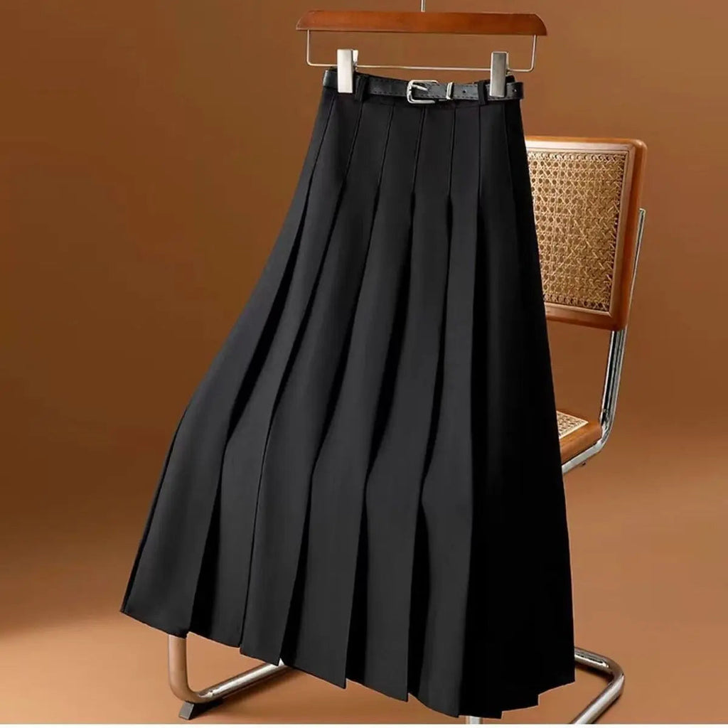 Pleated High-Waisted Black Midi Skirt with Belt for Women - A-Line Elegance 3