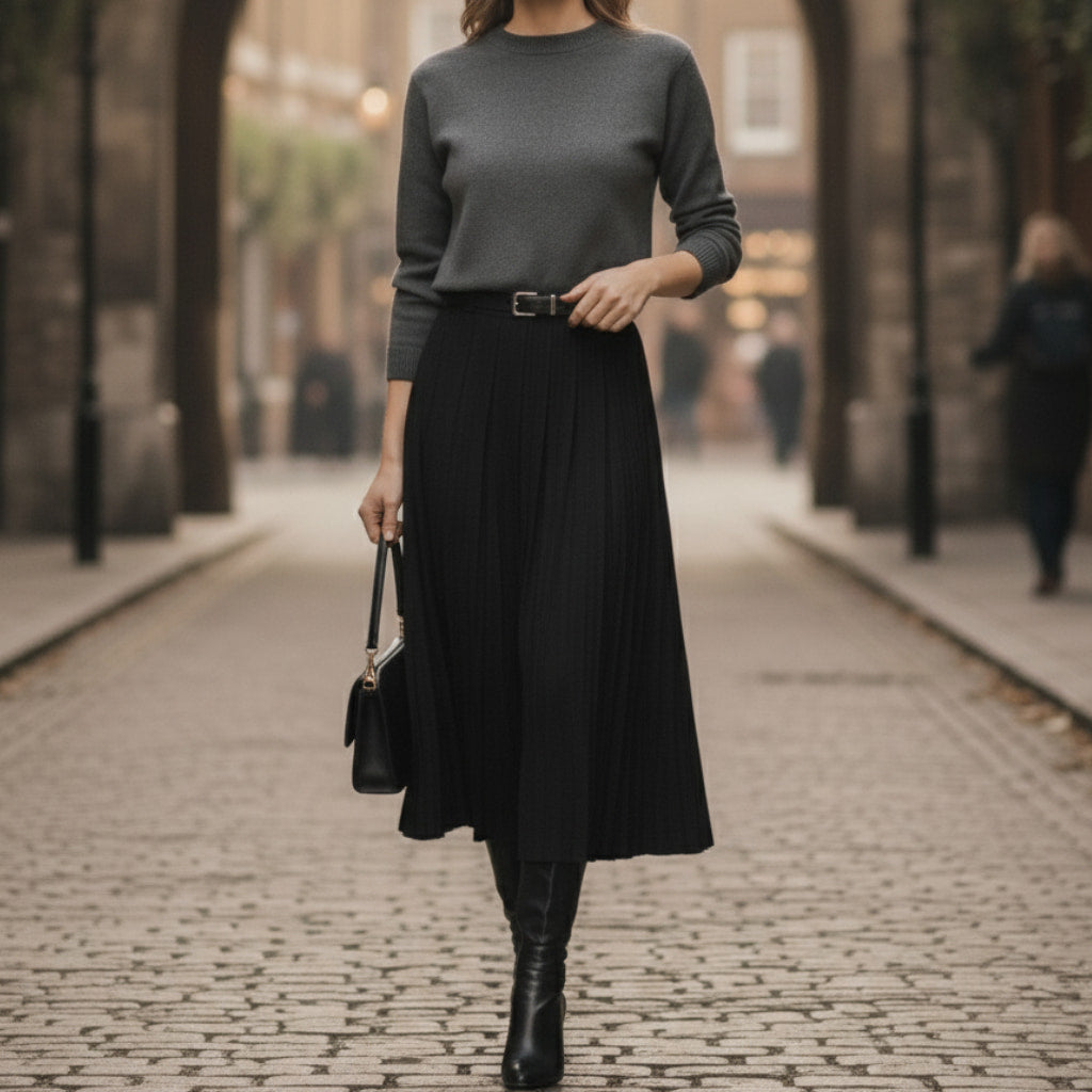 Pleated High-Waisted Black Midi Skirt with Belt for Women - A-Line Elegance 4
