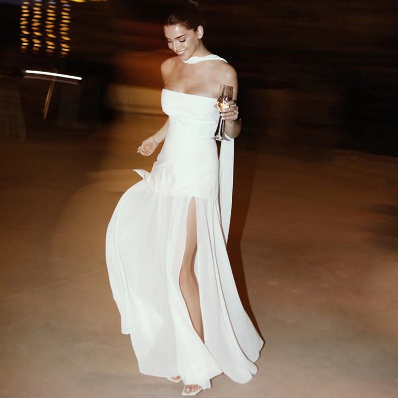 Stella Collection | Women's Maxi Dress with Asymmetrical Hem & Patchwork Mesh | Elegant Design for Unforgettable Occasions