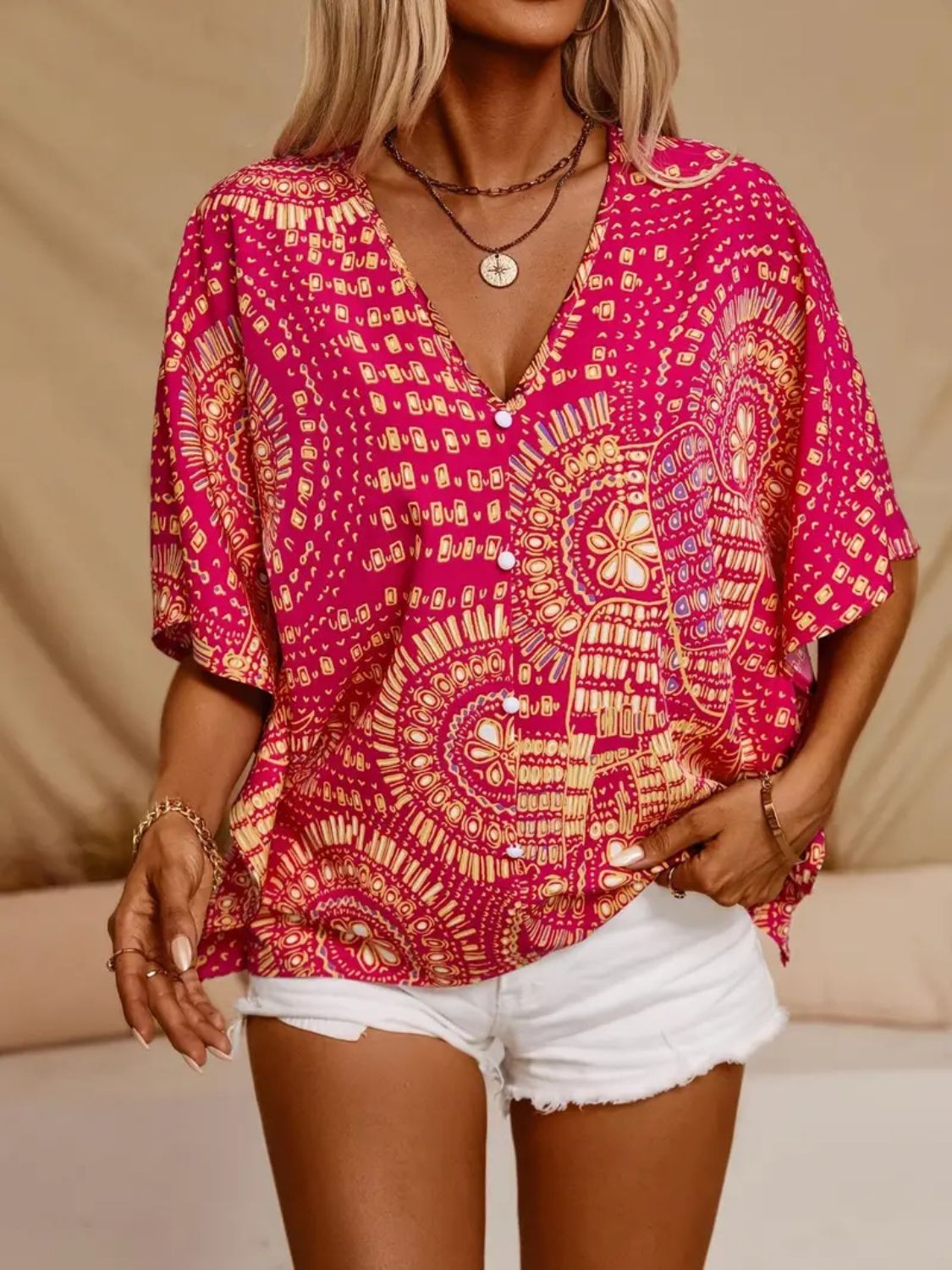 Stylish Printed V-Neck Half Sleeve Top with Opaque Fabric | Comfortable Fit for Everyday Wear