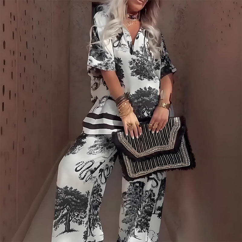 Stylish Women's Loungewear Set | Printed Pajama Set with Flattering V-Neck for Ultimate Comfort