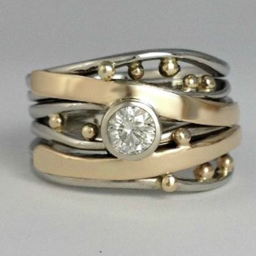 Vintage Gold Intarsia Zirconia Ring with Elegant Design | Timeless Jewelry for Sophisticated Style 0