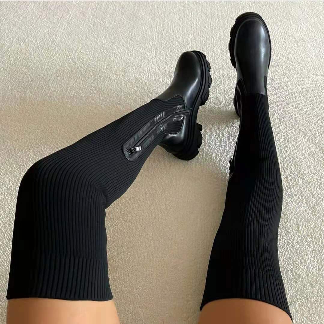 Women's Black Thigh High Sock Boots with Chunky Platform for Stylish Comfort 0