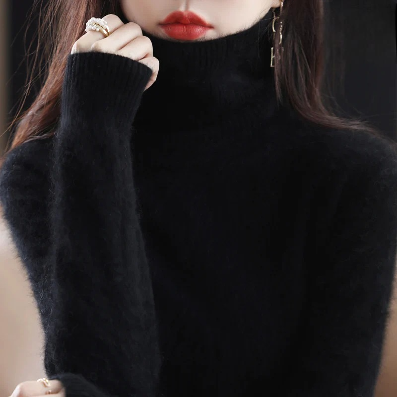 Women's Cashmere Blend Turtleneck Sweater - Chic Black Slim Fit for Stylish Comfort 10