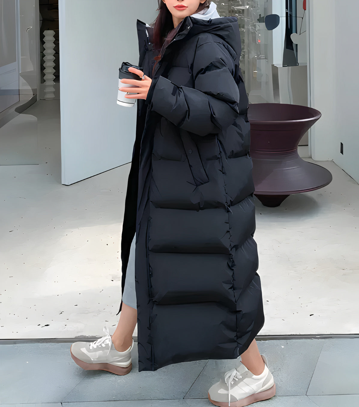 Women's Long Black Puffer Jacket - Waterproof Quilted Coat with Hood for Winter 0
