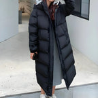 Women's Long Black Puffer Jacket - Waterproof Quilted Coat with Hood for Winter 1