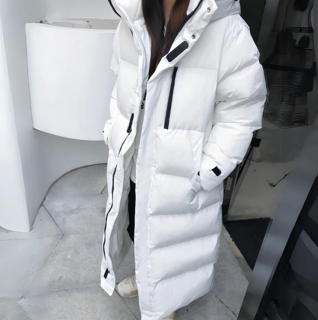 Women's Long Black Puffer Jacket - Waterproof Quilted Coat with Hood for Winter 2