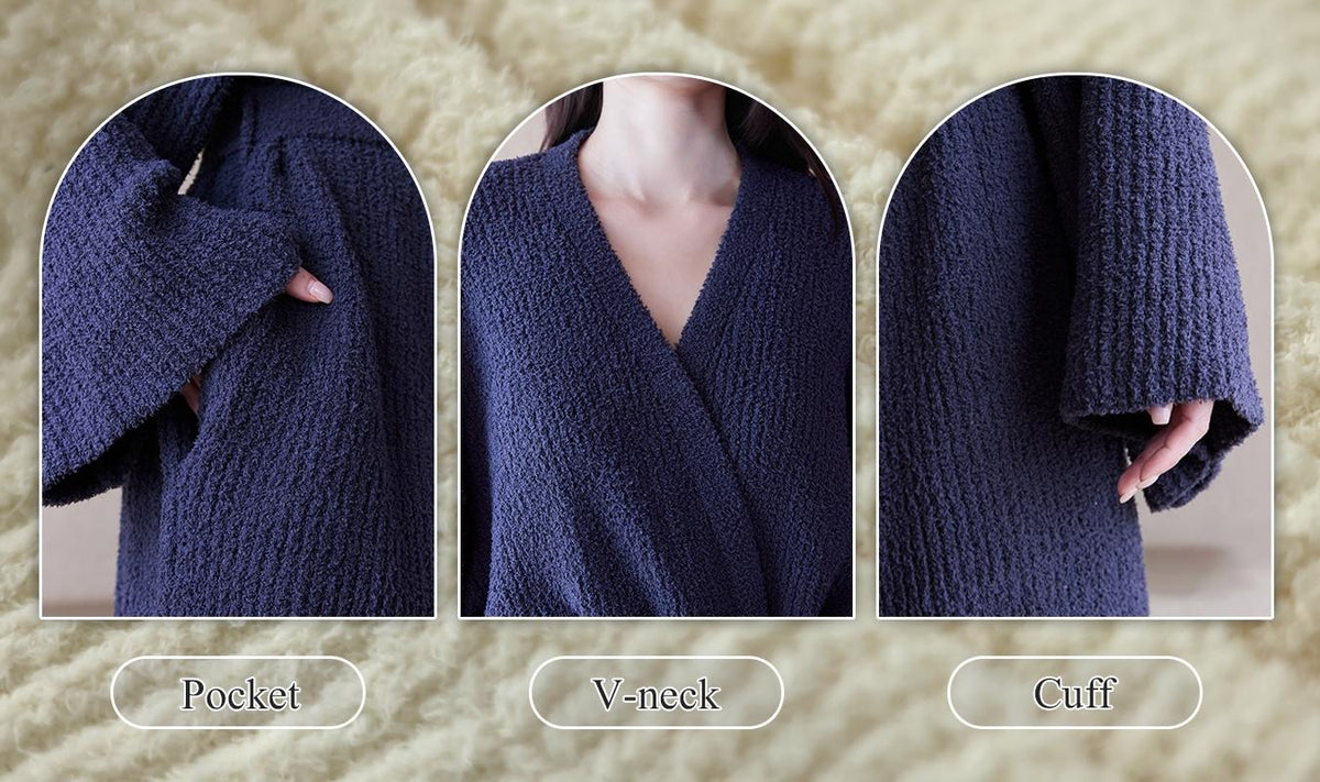 Robe details: patch pocket, V-neck and wide cuff