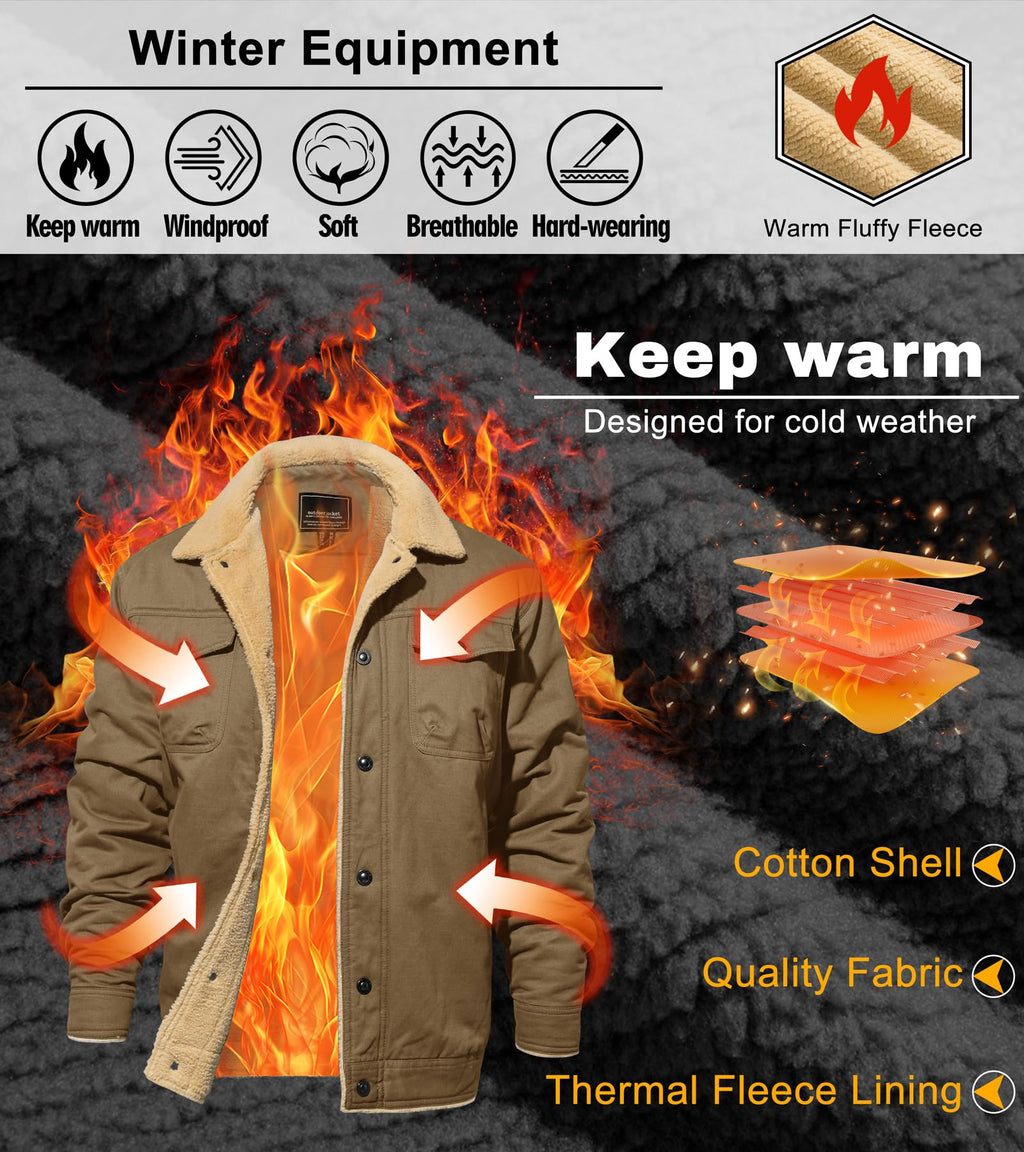 Khaki sherpa jacket thermal fleece lining keeping warmth in during cold weather