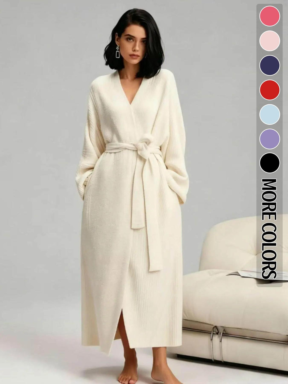 Woman in a cream long double-sided fleece robe with tie belt