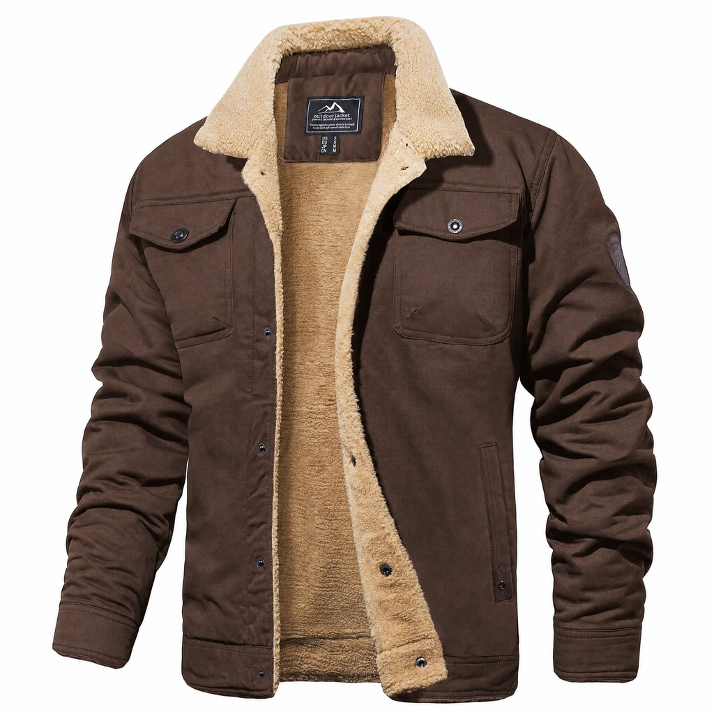 Men's coffee sherpa-lined trucker jacket with cream fleece collar, front view