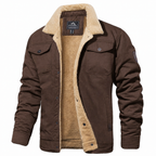 Men's coffee sherpa-lined trucker jacket with cream fleece collar, front view