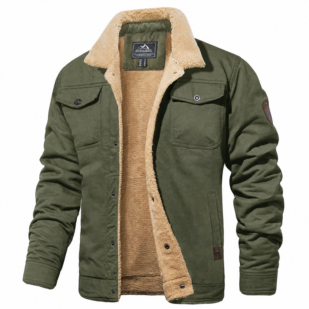 Men's green sherpa-lined trucker jacket with cream fleece collar, front view