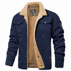 Men's navy sherpa-lined trucker jacket with cream fleece collar, front view
