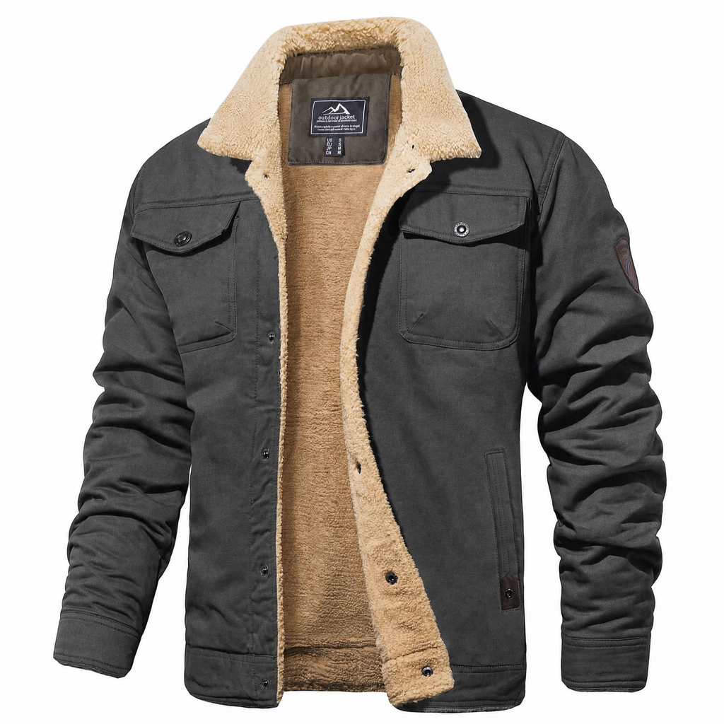 Men's dark grey sherpa-lined trucker jacket with cream fleece collar, front view