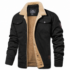 Men's black sherpa-lined trucker jacket with cream fleece collar, front view