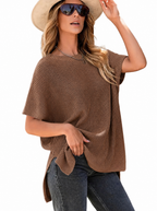 Woman in a chestnut oversized puff short sleeve ribbed knit top
