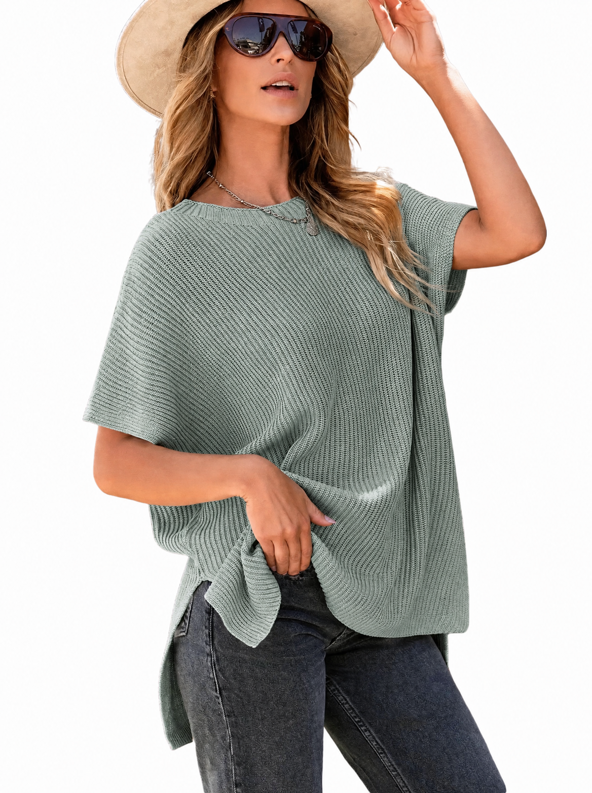 Woman in a green bay oversized puff short sleeve ribbed knit top
