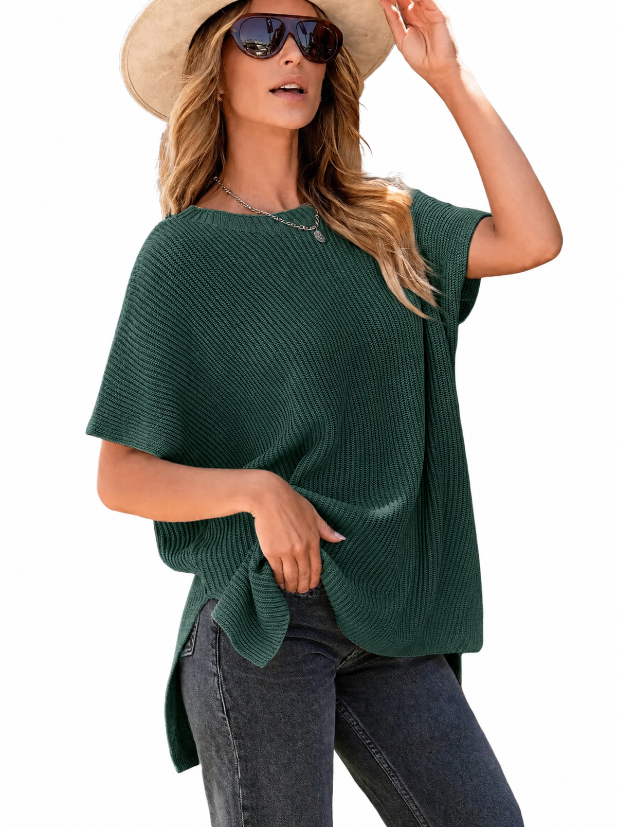 Woman in a green oversized puff short sleeve ribbed knit top