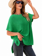 Woman in a bright green oversized puff short sleeve ribbed knit top