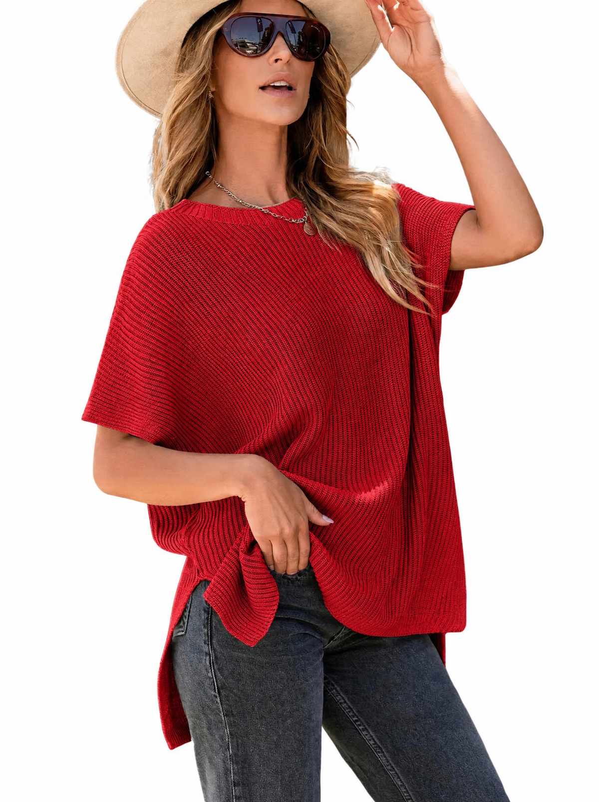 Woman in a red oversized puff short sleeve ribbed knit top