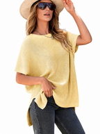Woman in a yellow oversized puff short sleeve ribbed knit top