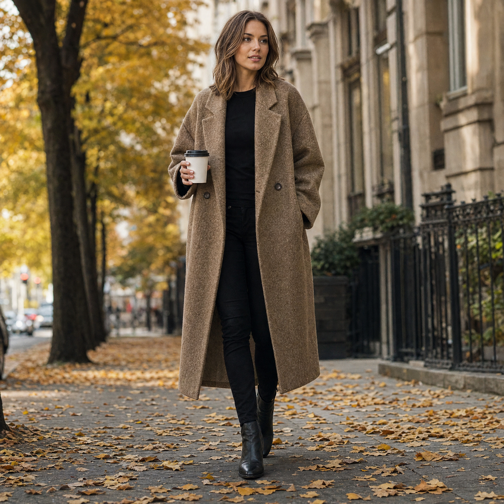 Woman in a camel brown long wool coat walking on an autumn city sidewalk with a coffee