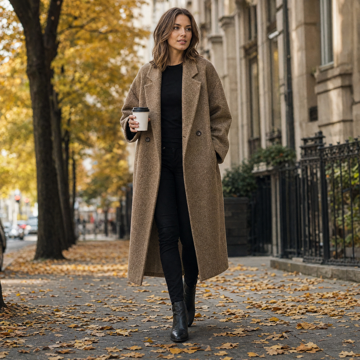 Woman in a camel brown long wool coat walking on an autumn city sidewalk with a coffee