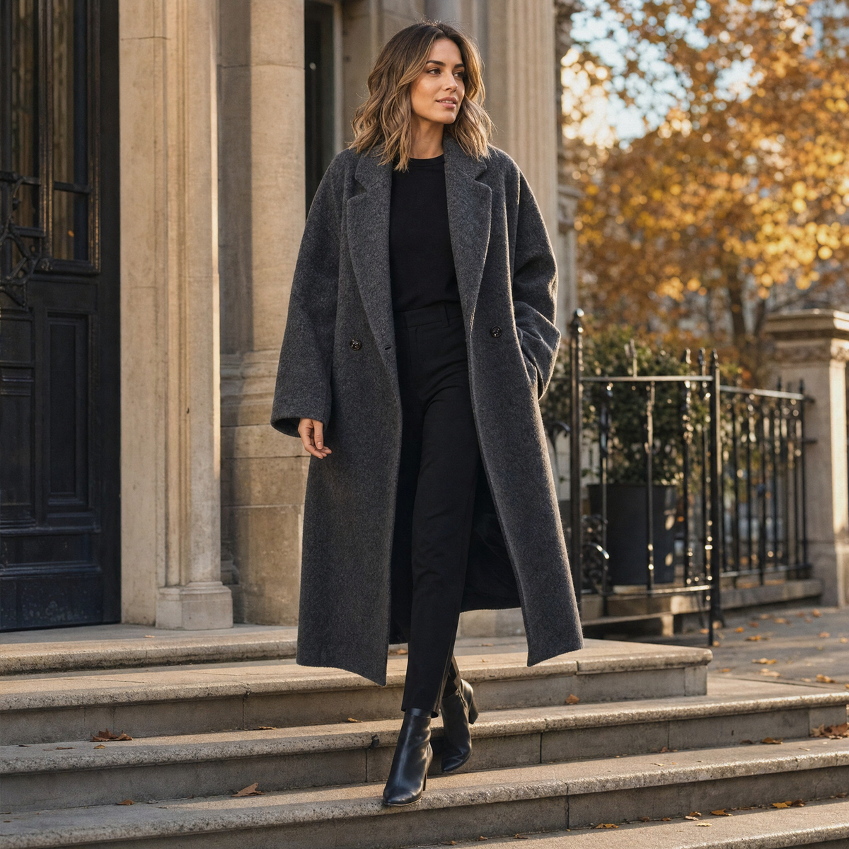 Woman in a charcoal grey long wool coat on city steps at golden hour