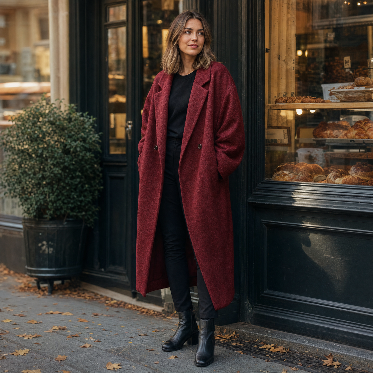 Woman in a red long wool coat in front of a bakery