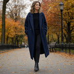 Woman in a navy blue long wool coat strolling in an autumn park