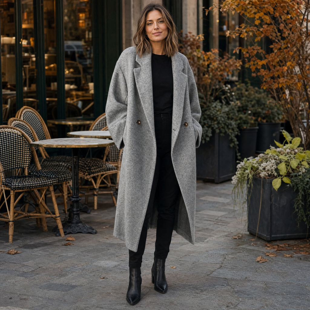 Woman in a light grey long wool coat in front of a cafe terrace