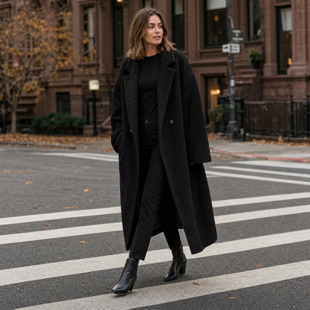 Woman in a black long wool coat crossing a city street in autumn